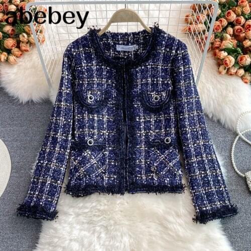 2021 New Spring Autumn Temperament O-neck long sleeve Coat pocket decoration single breasted tweed short plaid Jacket Top