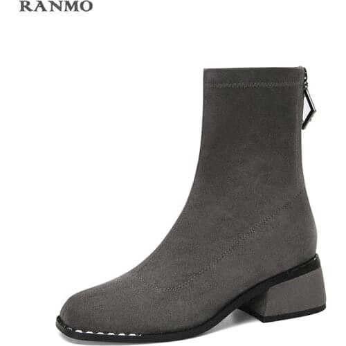 Womens heel chain boots fashionable suede Martin boots womens short boots square heel casual feet comfortable low-heel boots