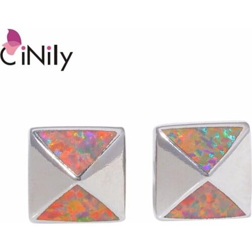 CiNily Created Orange Rainbow Fire Opal Silver Plated Wholesale Square Shape for Women Jewelry Stud Earrings 10mm OH4484-85