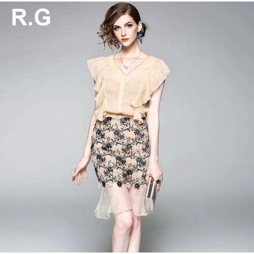 RG Women Elegant Mermaid Skirt Suit Set OL Chiffon Ruffle Sleeveless Crop Top Lace Mermaid Skirt Suits 2 Piece Set 2018 Summer