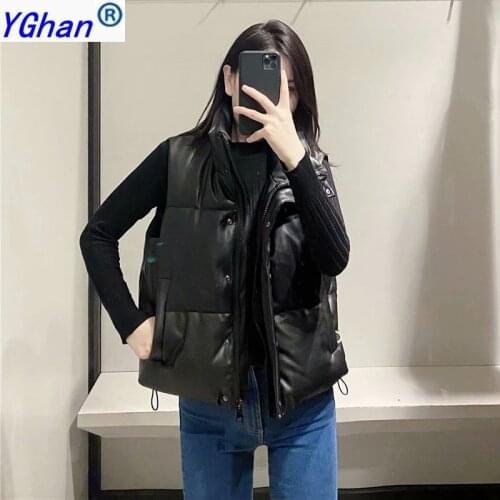 YGhan Women Black Faux Leather Sleeveless Waistcoat Parkas Thick 2021 Winter Zipper Pockets Female Warm Elegant Coat