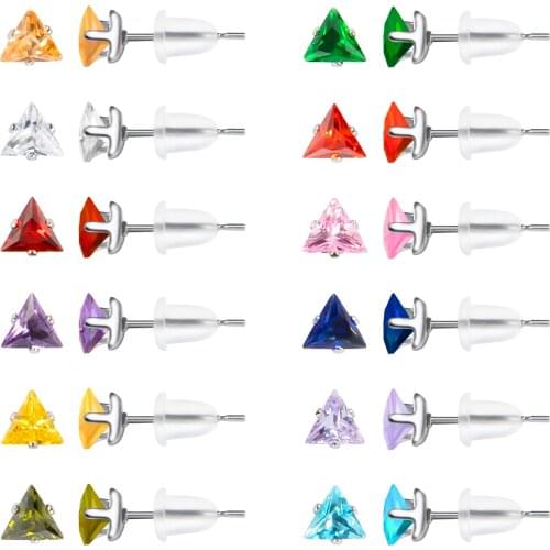 12 Pairs 316L Stainless Steel Stud Earrings,Birthstone Triangle CZ Surgical Steel Ear Sets for Women and Girls with Size 3 4 5mm