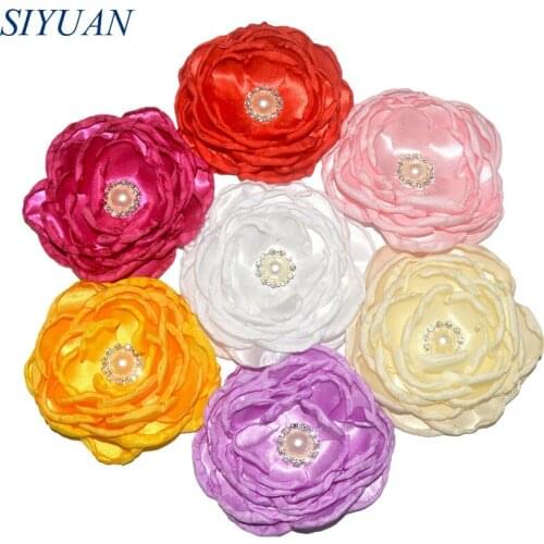 22pcs/lot 4'' Boutique Style Satin Burned Flower with Rhinstone Button Luxury Headwear Accessory Bridal Dress Decor TH282