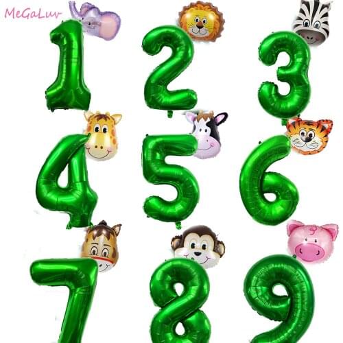 32inch Foil Green Number Balloon With Animal Head Ballon Safari Jungle Party Supplies Home Birthday Party Decoration Air Globos