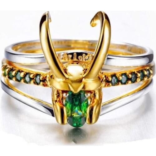 Loki Helmet Ring Three-in-one Unisex European And American Creative New Rhinestone Gold-plating Rings Cosplay Jewelry Props Gift