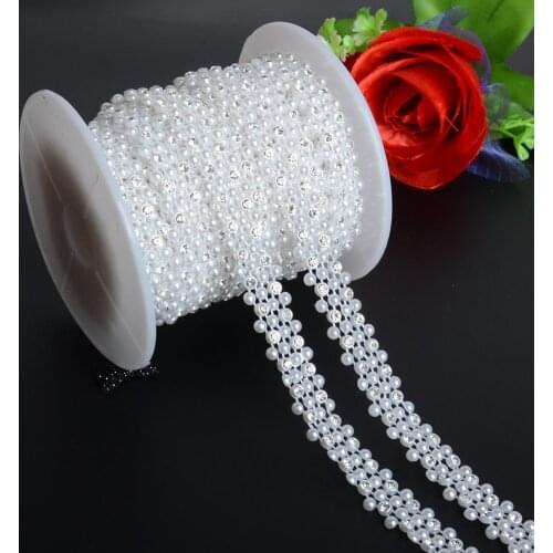 BOLIAO 1 Yard 15mm (9/16") Width ABS Imitation Pearl Beads Chain Trim and 4mm Round Rhinestones Wedding Dress R3508