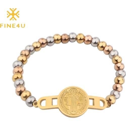 FINE4U B371 Stainless Steel Saint Benedict Bracelets for Men Women 6mm Beaded Bracelet Catholic Rosary Jewelry