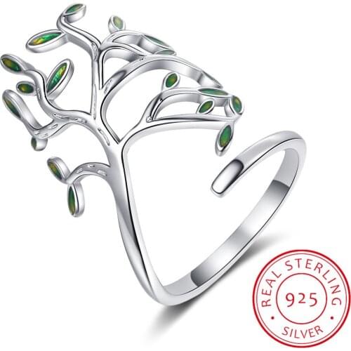 LEKANI 925 Sterling Silver Tree of Life Green Tree Leaves Adjustable Finger Rings for Women Sterling Silver Jewelry SCR454