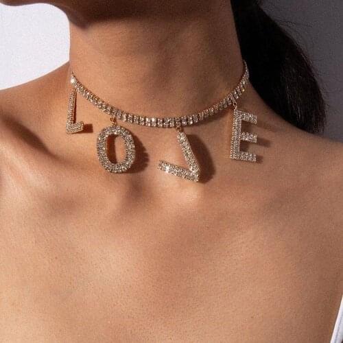 Personality L O V E Rhinestone Letter Womens Pendant Collar Necklace Shiny Crystal Chain Fashion Party Jewelry Accessories Gift