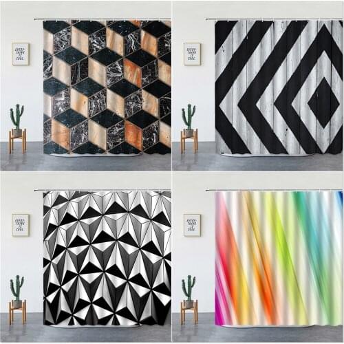 Geometry Pattern Shower Curtains Set Marble Black And White Stripes Printed Wall Hanging Bathroom Decor Bathtub Screen With Hook