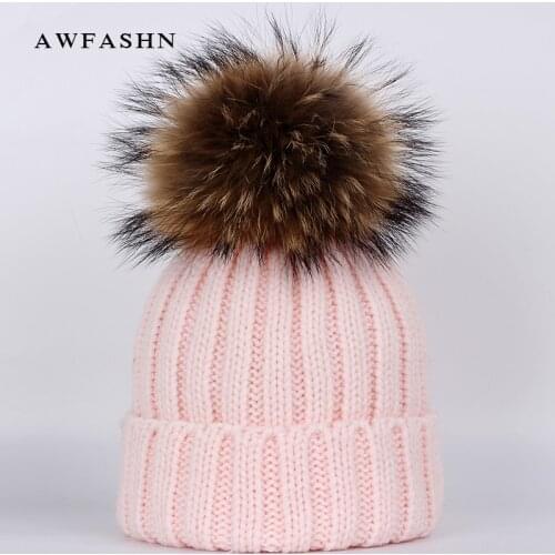 New Childrens Raccoon Fur Pom poms Knit Beanies Hat Winter Hat Warm Boy Girl Skullies Slouchy Ski Thicken Hedging Cap Baby Kids