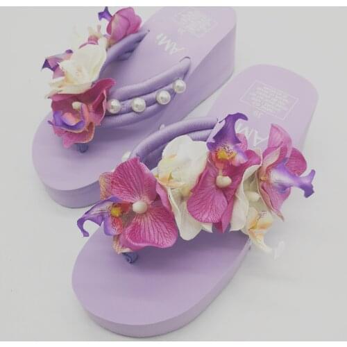 New summer hot sweet seaside sandals fashion soft slippers Waterproof platform handmade flowers high heels slipper beach sandals