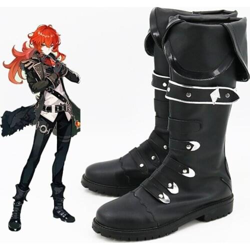 Genshin Impact Diluc Ragnvindr Games Customize Cosplay Low Heel Black Leather Shoes Boots