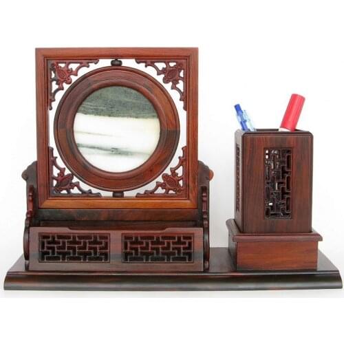 S Zhai Gallery rosewood wood carving decoration inlay Marble Plaque antique pen name card box box set
