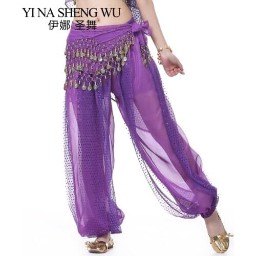 New Indian Dance Pants Womens Belly Dance Harem Pants Chiffon Sequins Loose Hockey Pants Female Dance Practice Pants 10 colors