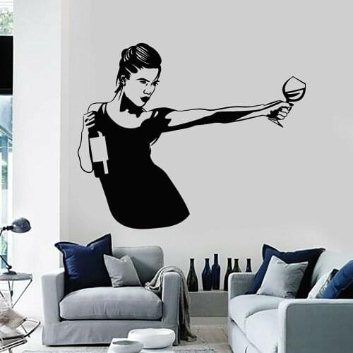 Vinyl Wall Decal Girl Bottle Glass Wine Alcohol Bar Cocktail Wall Stickers Bar Wall Decor Removable Waterproof Room Decor B541