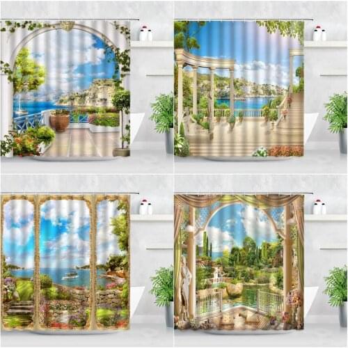 3D Ocean Flowers Shower Curtains Waterproof Creative Arch Door Seascape Garden Scenery Wall Decor Bathroom Bathtub Curtain Hooks