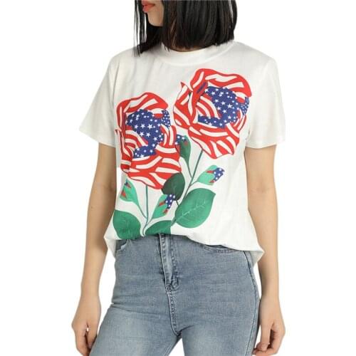 Women Summer Loose T-Shirt, Casual American Flag Rose Print Short Sleeve Round Neck Tops, S/M/L/XL