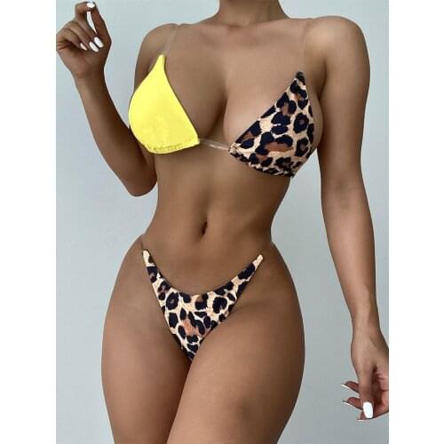 New Splicing Leopard Thong Bikini 2021 Women Swimwear Female Transparent Bandage Swimsuit Brazilian Bikini set Bathing Suit swim