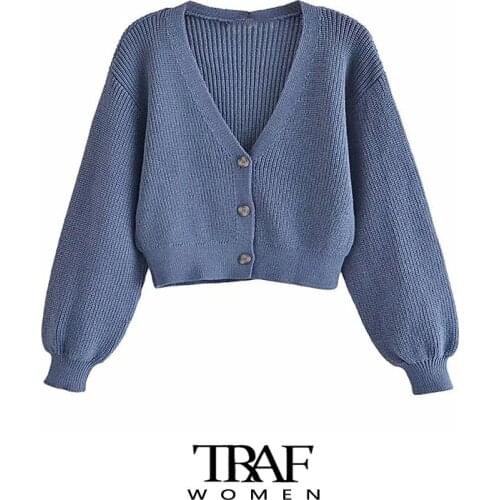 TRAF Za Women Fashion With Buttons Cropped Knit Cardigan Sweater Vintage V Neck Long Sleeve Female Outerwear Chic Tops