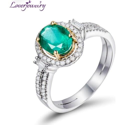 LOVERJEWELRY Women Emerald Rings Oval 6x8mm 14k Multi-tone Gold Natural Diamonds Emerald Ring For Wife Christmas Gift Jewelry