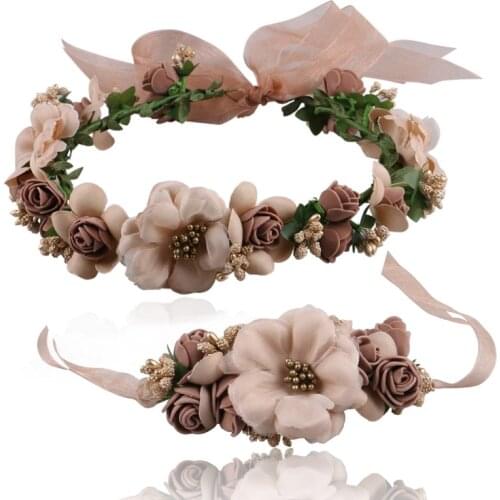 1Set Fabric Flower Crown Headbands for Women Bracelet Garland Tiara Hair Head Wreath Headdress Party Wedding Accessories
