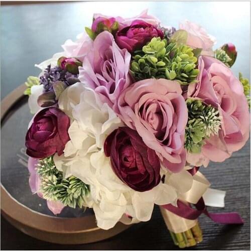 2018 Hot Artificial Silk Wedding Bouquets for Bride Holding Flowers Wedding Bouquet Accessories Pastoral Purple Rose Hydrangea