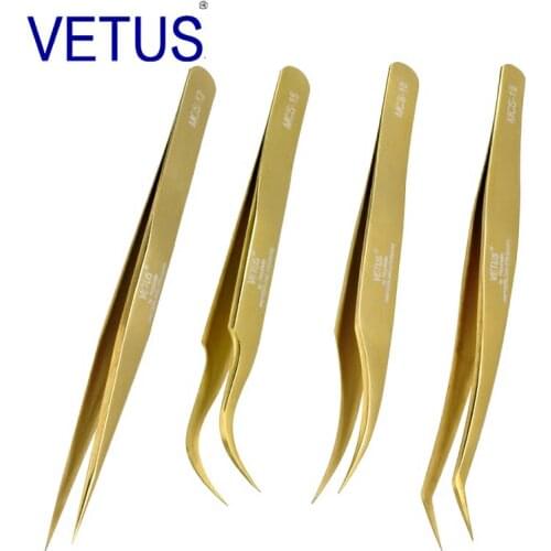 4pcs / set Vetus MCS Series Gold Premium Beauty Makeup Tweezers for Eyelashes Extension Ultra Fine Tip Pinzas