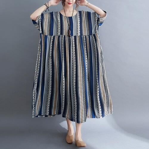 ARCSINX Summer Dresses For Women Cotton Oversize Women Dress 2021 Elegant Striped Elephant Large Size Dresses Woman 4XL 5XL 6XL