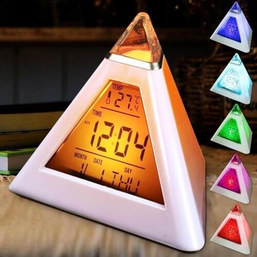 Table Clocks Triangled 7 Colors Changing LED Temperature Week Display Digital Alarm Clock Table Decor Clocks
