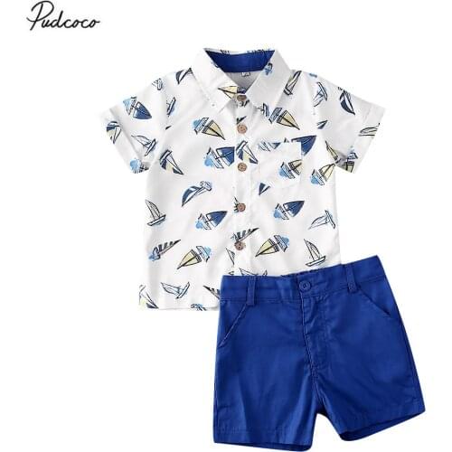 2020 New Toddler Baby Boy Clothes Boat Print Shirt Tops Pants T-shirt Shorts For Children Gentleman Party Boys Outfits Set 2pcs