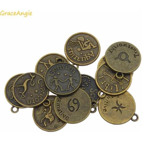 GraceAngie 12pcs/pack Antique Bronze Mixed zodiac Charms Double sided Pattern Zinc Alloy Necklace Bracelet Jewelry Making