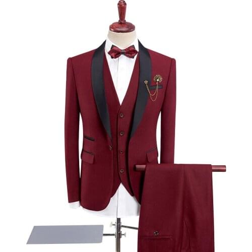 Handsome Red Mens Dinner Prom Suits 2021 costume homme mariage Groomsmen Wedding Blazer Suit (Jacket+Pants+Vest)