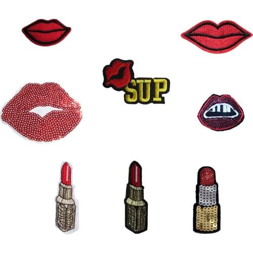 Cheap Wholesale red lip patch hot melt adhesive applique embroidery patches stripes DIY clothing accessory patch C309-C2027