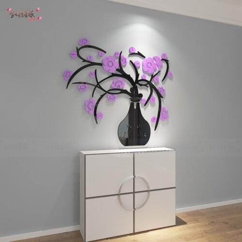 Creative 3D three-dimensional crystal vase purple Flower wall sticker dining room entrance hallway background wall decoration