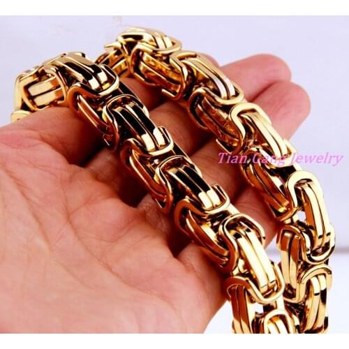 12mm Mens Boy Chain Necklace Gold Tone Byzantine Box Necklace Stainless Steel Necklace Chain wholesale Free Shipping