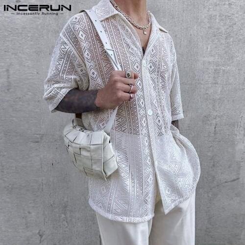 2021 Men Mesh Shirt See Through Lapel Sexy Short Sleeve Lace Button Camisa Masculina Streetwear Party Nightclub Tops 5XL INCERUN