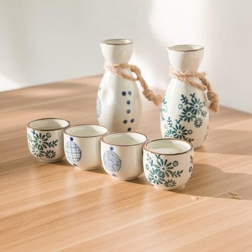 5pcs Japanese Sake Pot Cup Set Printed Ceramic Retro White Wine Cup Flagon Liquor Flasks Spirits Cup Home Bar Wine Drinkware Gif