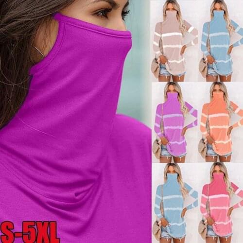 Fall / Winter 2020 Casual Fashion Womens Striped Print Multi-Functional Dust Mask Long Sleeve T-Shirt Womens Oversize S-5XL