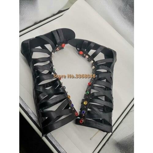 Hollow Flat With Sandal Boots Crystal Zipper Round Toe Open Toe Black Leather Shoes Summer Roma Runway Boots Knee High Shoes