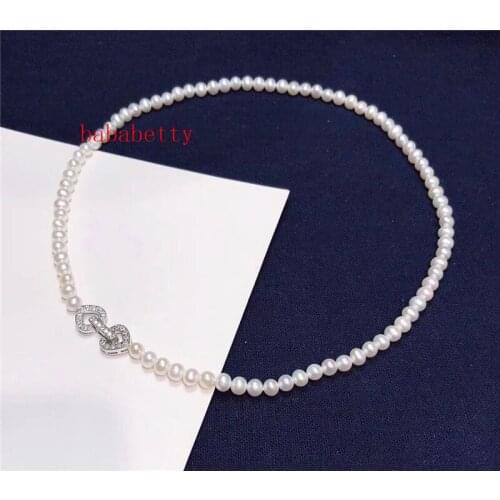 NEW Fashion simple natural freshwater pearl 6-7MM Near round 6-7MM glare pearl necklace inlay zircon heart clasp