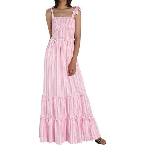 Puloru Women Slip Maxi Beach Dress Summer Boho Tie-up Striped Elastic High Waist A-Line Sundress Vacation Long Ruffles Dress
