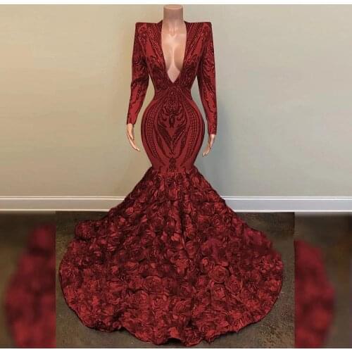 Chic Burgundy Mermaid Prom Dresses For Black Girls With Crochet Lace Sexy V Neck Long Sleeve Evening Dress 2021 3D Rose Flower