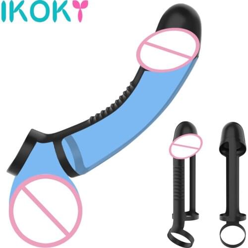IKOKY Stropon Dildo Enlargement Delayed Ejaculation Silicone Penis Sleeve Reusable Cock Ring Penis Enlargement Sex Toys For Men