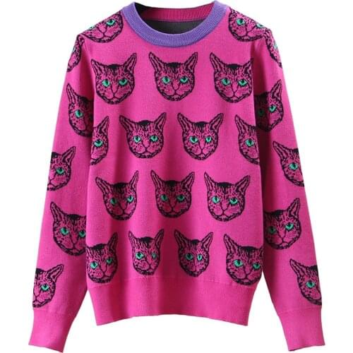 High Quality Cat Print Knitted Sweaters Women Jacquard Cartoon Pullovers Autumn Winter Long Sleeve Harajuku Sweet Jumper Female
