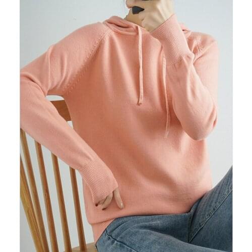 Classical Solid Knitted Hooded Sweatshirts For Women Long Sleeve Sports Knitwear Casual Loose Jumper Large Size Sweater