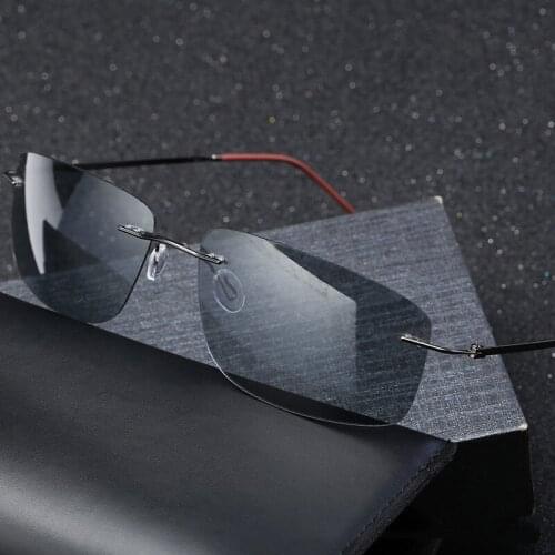 Ultralight Rimless Sunglasses Polarized Trasition Eyewear Photochromic Gray Outdoor Driving Glasses Men Square Goggles