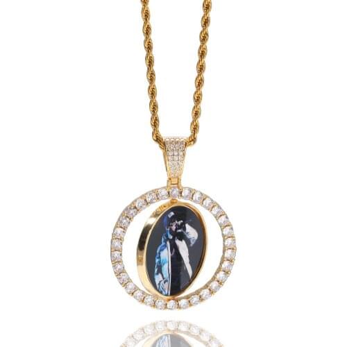 Custom Made Photo Rotating Double-Sided Medallions Pendant Necklace for Men and Women Chain Zircon Hip Hop Jewelry