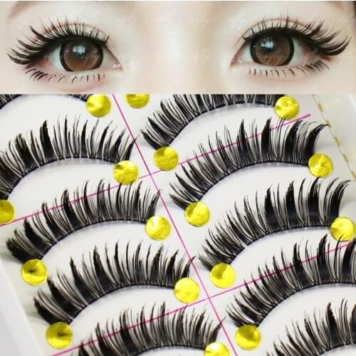 YOKPN Japanese Handmade False Eyelashes Natural Fake Eye Lashes Eye Tail Lengthened Partially Thick Eyelashes 10 Pairs 1 Box