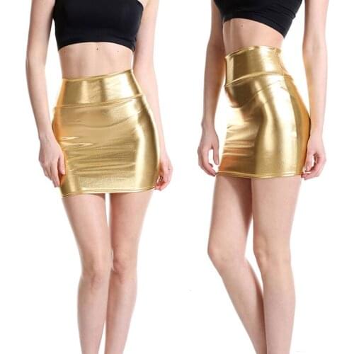 Women Leather Skirt Fashion Slim High Waist Push Up Hip Bright Female Silver Pencil Skirts Sexy Punk Party Mini Skirt